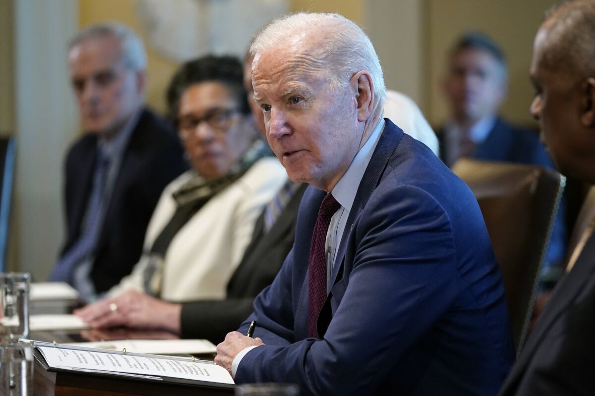 President Joe Biden speaks during a cabinet meeting in the Cabinet Room of the White House, Thursday, March 3, 2022, in Washington. (AP Photo/Patrick Semansky)