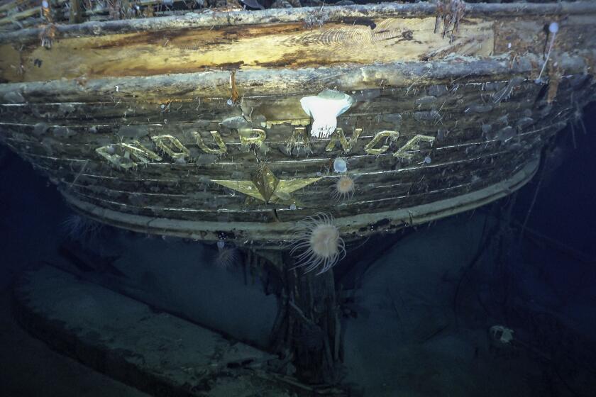 In this photo issued by Falklands Maritime Heritage Trust, a view of the stern of the wreck of Endurance, polar explorer's Ernest Shackleton's ship. Scientists say they have found the sunken wreck of polar explorer Ernest Shackleton’s ship Endurance, more than a century after it was lost to the Antarctic ice. The Falklands Maritime Heritage Trust says the vessel lies 3,000 meters (10,000 feet) below the surface of the Weddell Sea. An expedition set off from South Africa last month to search for the ship, which was crushed by ice and sank in November 1915 during Shackleton’s failed attempt to become the first person to cross Antarctica via the South Pole. (Falklands Maritime Heritage Trust/National Georgraphic via AP)