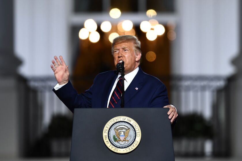 US President Donald Trump delivers his acceptance speech for the Republican Party nomination for reelection during the final day of the Republican National Convention from the South Lawn of the White House on August 27, 2020 in Washington, DC. (Photo by Brendan Smialowski / AFP) (Photo by BRENDAN SMIALOWSKI/AFP via Getty Images)