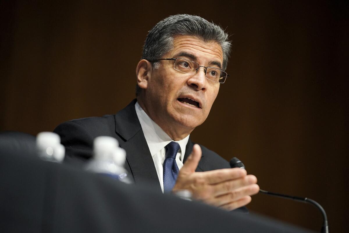 Xavier Becerra testifies at a hearing on his nomination.