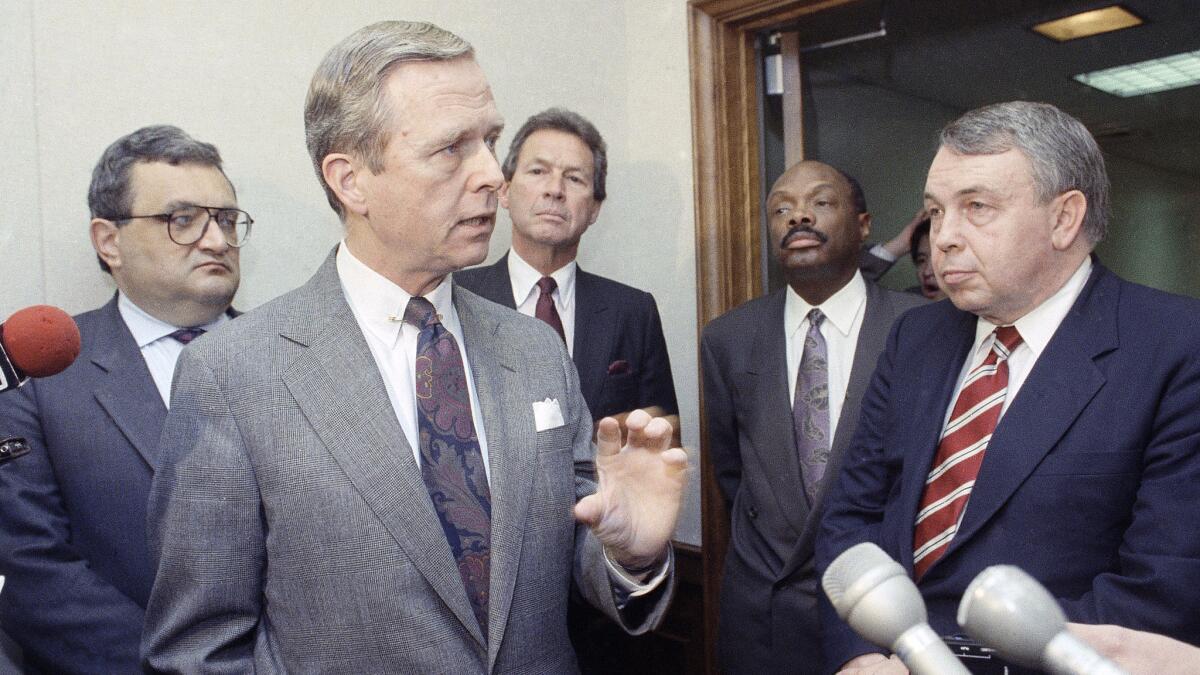 Gov. Pete Wilson and legislative leaders after meeting on the state budget crisis on Feb. 13, 1991.