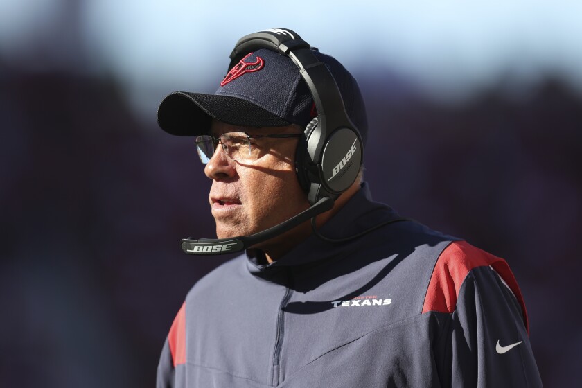 Houston Texans head coach David Culley watches from the sideline during the first half of his team's NFL football game against the San Francisco 49ers in Santa Clara, Calif., Sunday, Jan. 2, 2022. (AP Photo/Jed Jacobsohn)