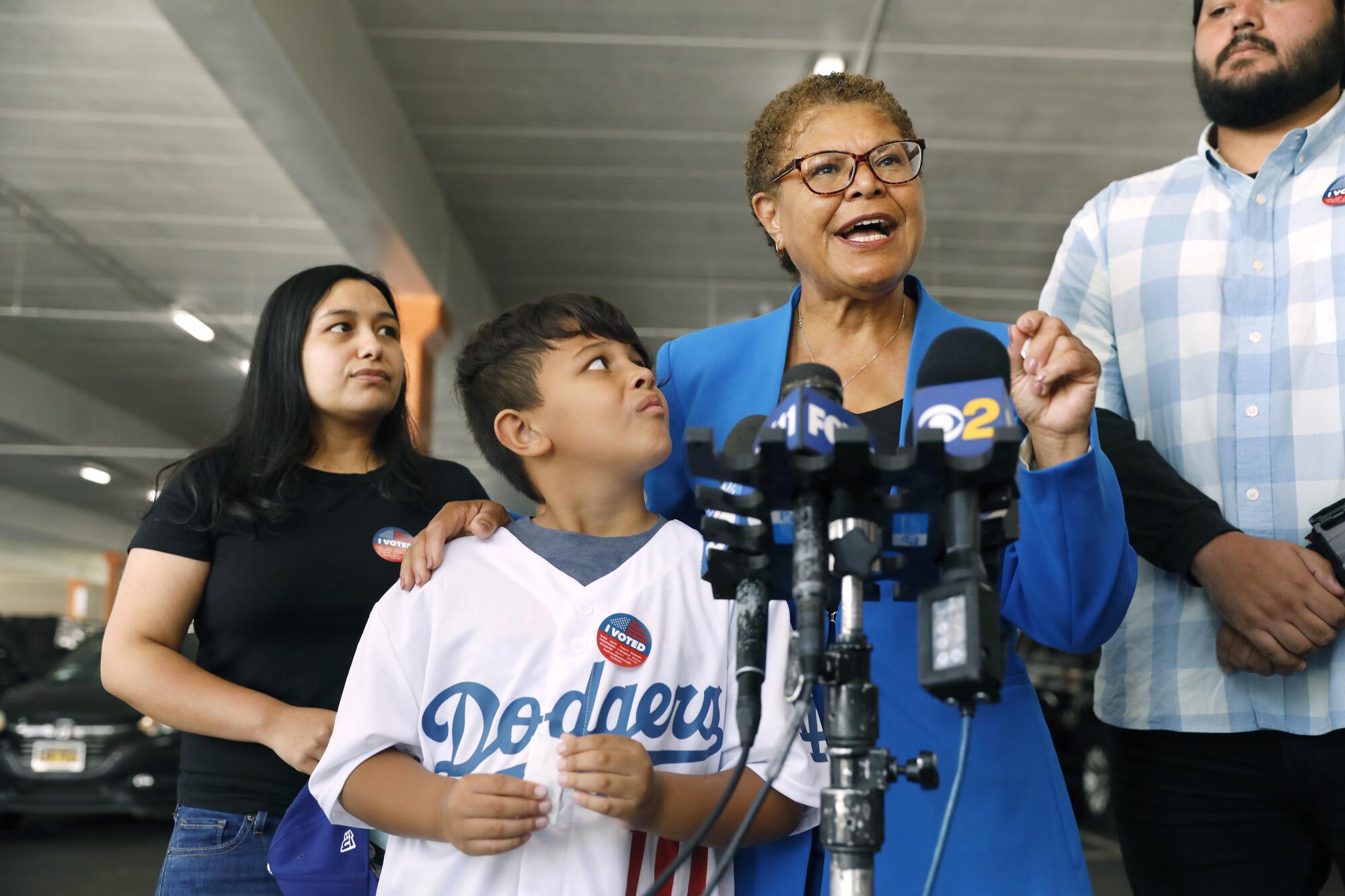 Mayoral candidate Karen Bass speaks to the press