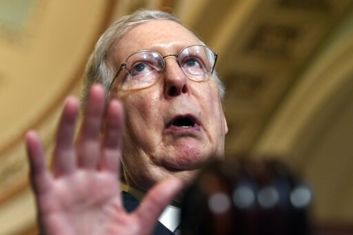 A closeup of Mitch McConnell speaking.