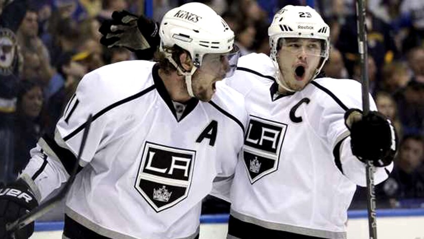 Anze Kopitar, left, will wear the captain's 'C' on his Kings jersey next season instead of Dustin Brown.