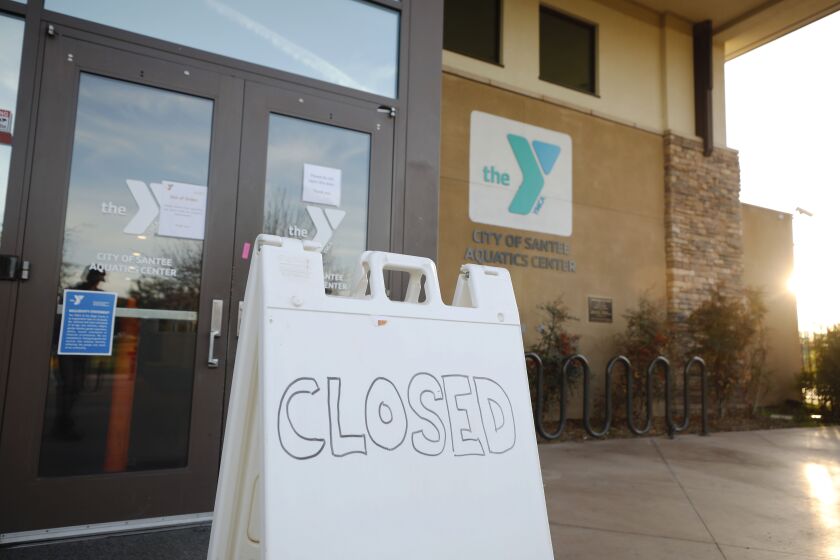 Santee, CA - January 18: The Cameron Family YMCA in Santee was closed after a rally for women's and girl's rights was planned outside the facility on Wednesday, January 18, 2023. People rallied to protest laws and the YMCA after a trans person walked around naked in the women's bathroom where a teenager was at the YMCA. (K.C. Alfred / The San Diego Union-Tribune)