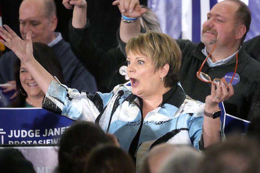 Supreme Court candidate Janet Protasiewicz reacts while speaking at her election night watch party in Milwaukee, Wis., on Tuesday, April 4, 2023. Protasiewicz, 60, defeated former Justice Dan Kelly, who previously worked for Republicans and had support from the state’s leading anti-abortion groups. (Mike De Sisti /Milwaukee Journal-Sentinel via AP)