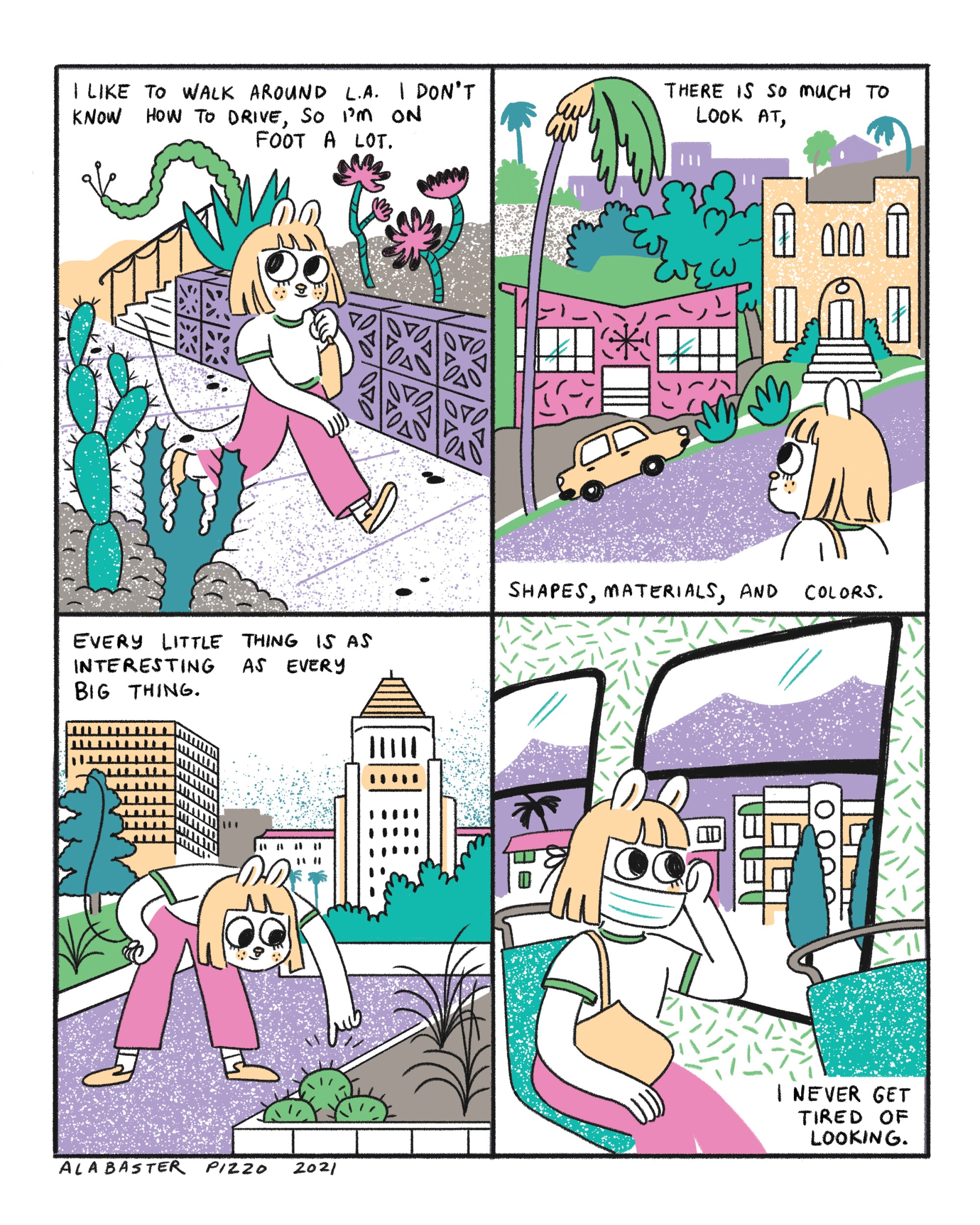 A história em quadrinhos de quatro painéis retrata uma mulher caminhando pela cidade.
