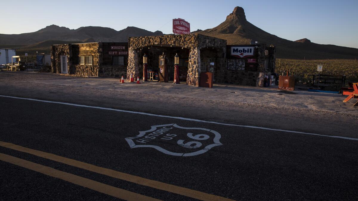 Dusk falls on the Black Mountains along Route 66 in Cool Springs, Arizona. (Brian van der Brug / Los Angeles Times)