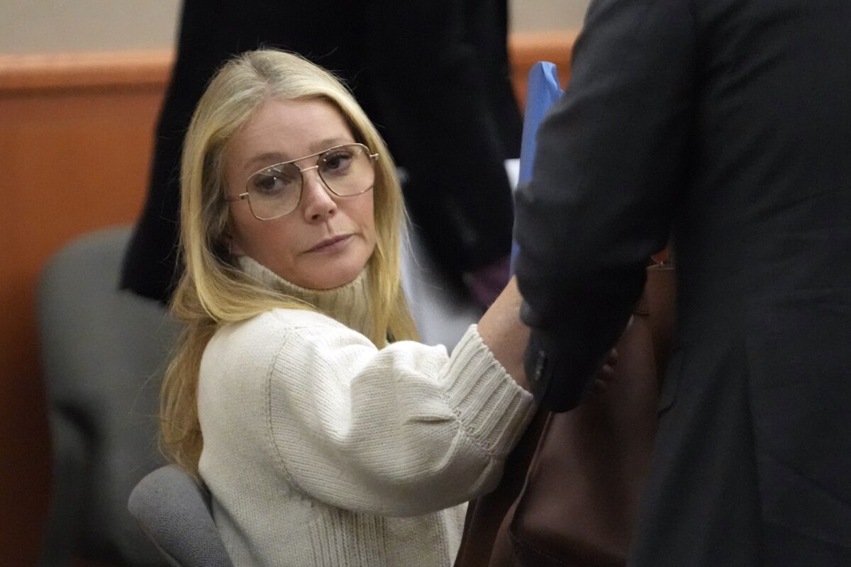 FILE - Actor Gwyneth Paltrow looks on before leaving the courtroom on March 21, 2023, in Park City, Utah. Paltrow's live-streamed trial over a 2016 collision at a posh Utah ski resort has drawn worldwide attention, spawning memes and sparking debate about the burden and power of celebrity. (AP Photo/Rick Bowmer, Pool, File)