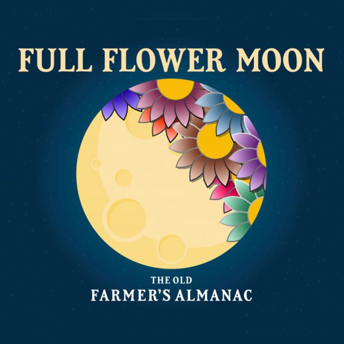Illustration of moon embellished with flowers.