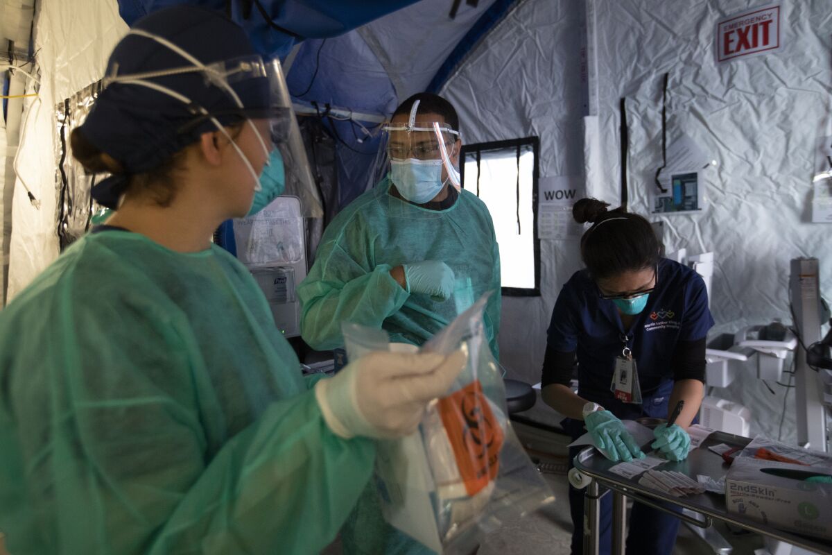 A triage tent at L.A.'s Martin Luther King Jr. Community Hospital in April.