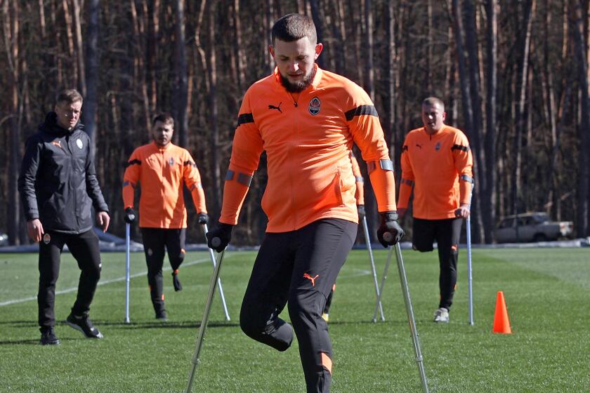 Kyiv, Ukraine-Members of the Shakhtar football club team for amputee veterans.