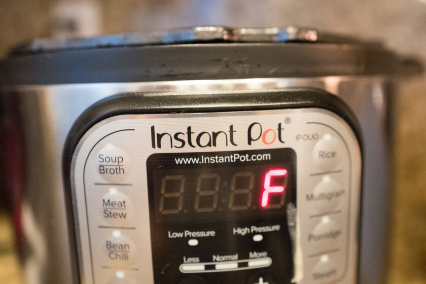 Close-up of Instant Pot cooking appliance, a popular automatic pressure cooker which has attracted a cult following on social media, San Ramon, California, October 15, 2018. (Photo by Smith Collection/Gado/Getty Images)