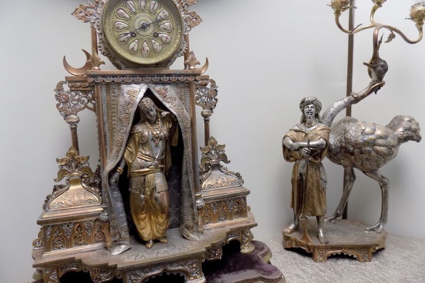 A clock from the 1893 Chicago World's Fair (also known as the World's Columbian Exposition) featuring the dancer Little Egypt that was scandalous in its day is on display at the West Coast Clock and Watch Museum.
