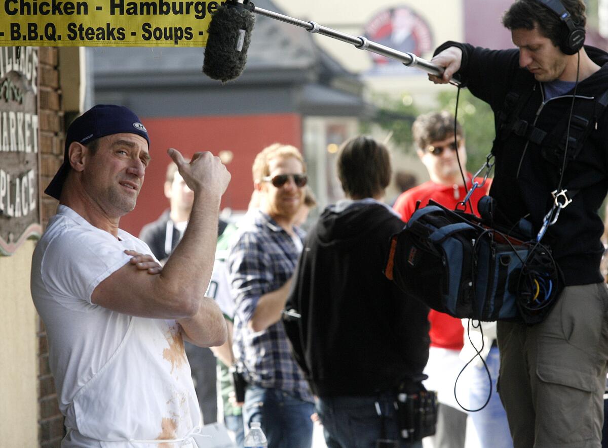 A film crew, who said they were filming preliminary ideas for a new, yet to be proposed, television show with the working title "Beef" with Christopher Meloni film on location in the Kenneth Village area of Glendale on Thursday, February 6, 2013.