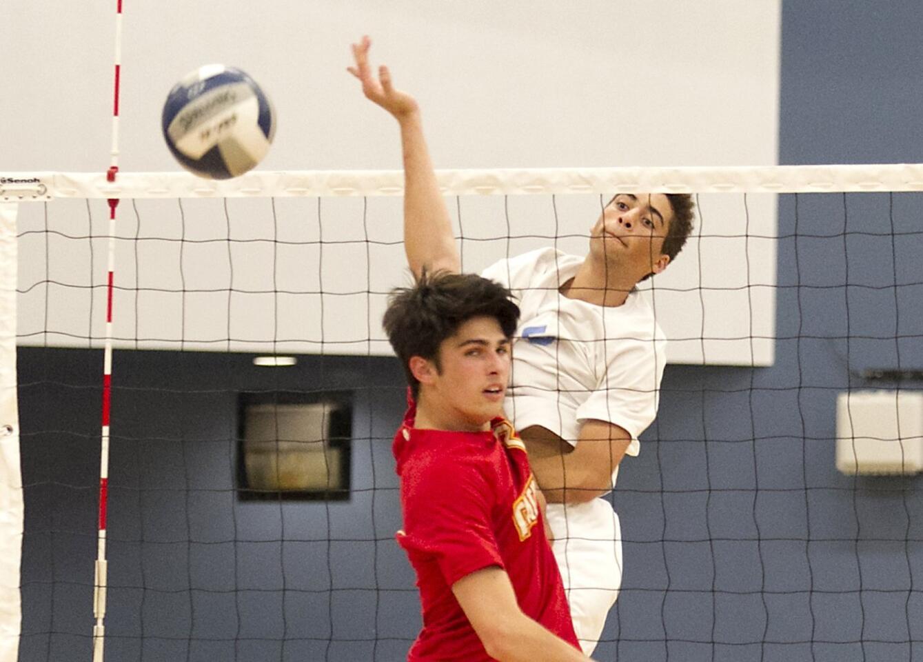 Sam Kobrine (5) led Corona del Mar High with 17 kills, five digs, two service aces, two solo blocks and one block assist against Cathedral Catholic.