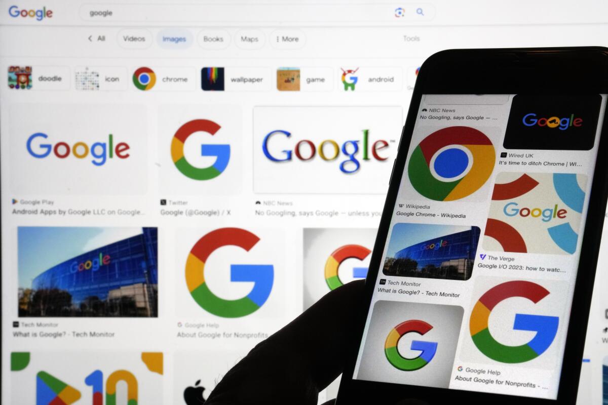 Google logos are on a phone and computer monitor.