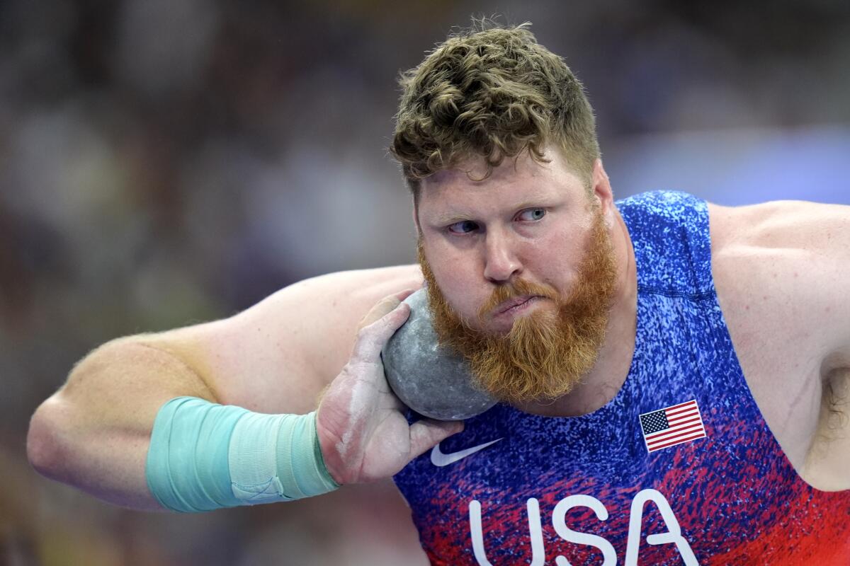 Ryan Crouser, of the U.S., competes in the men's shot put final at the 2024 Summer Olympics Saturday.