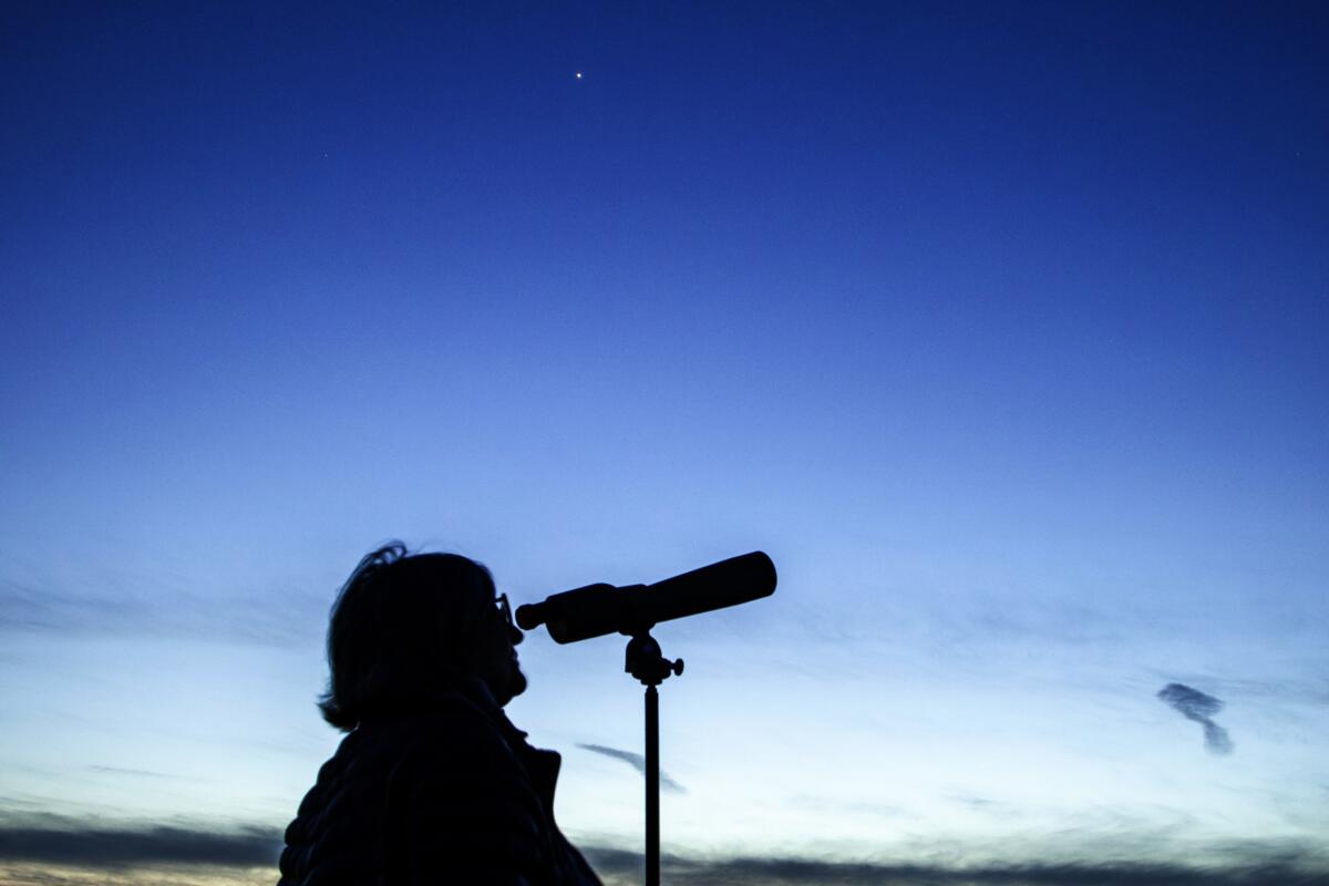 A woman looks through a telescope into the darkening blue sky. 
