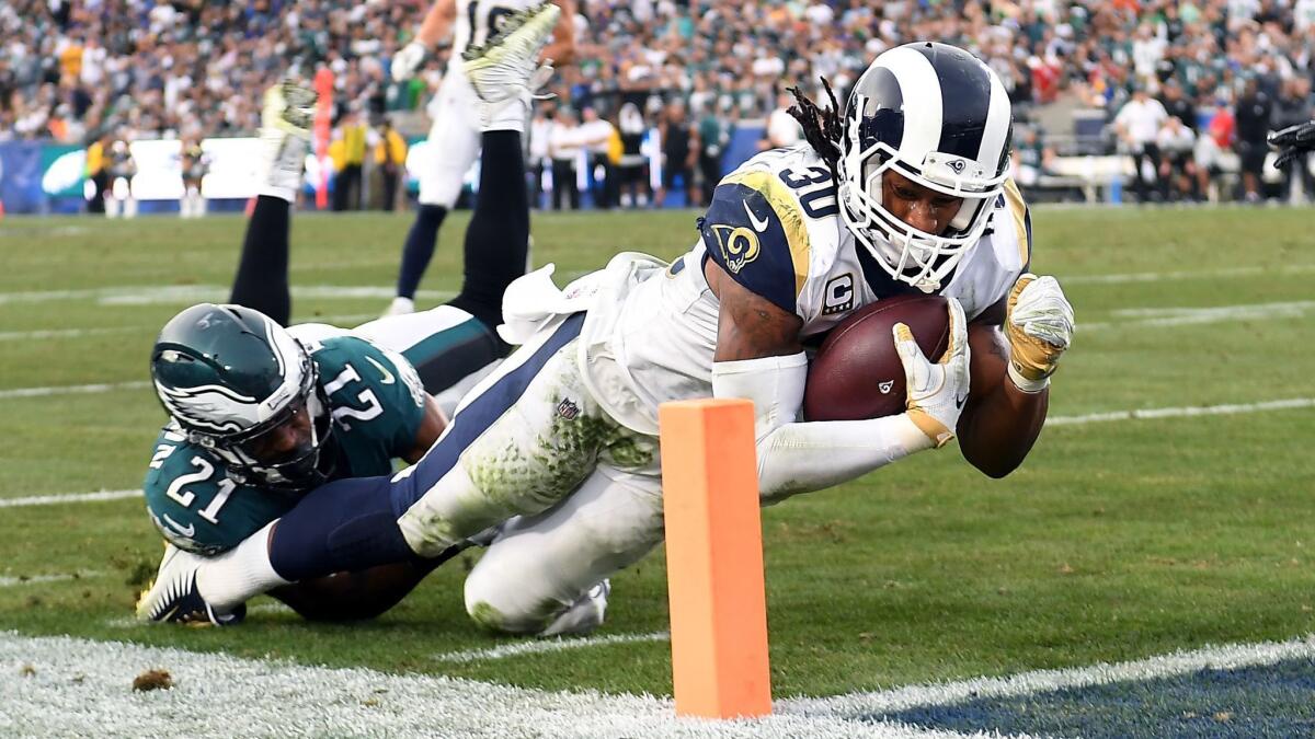 Rams running back Todd Gurley is tackled short of the goal line by Eagles' Patrick Robinson when the teams met up last season.