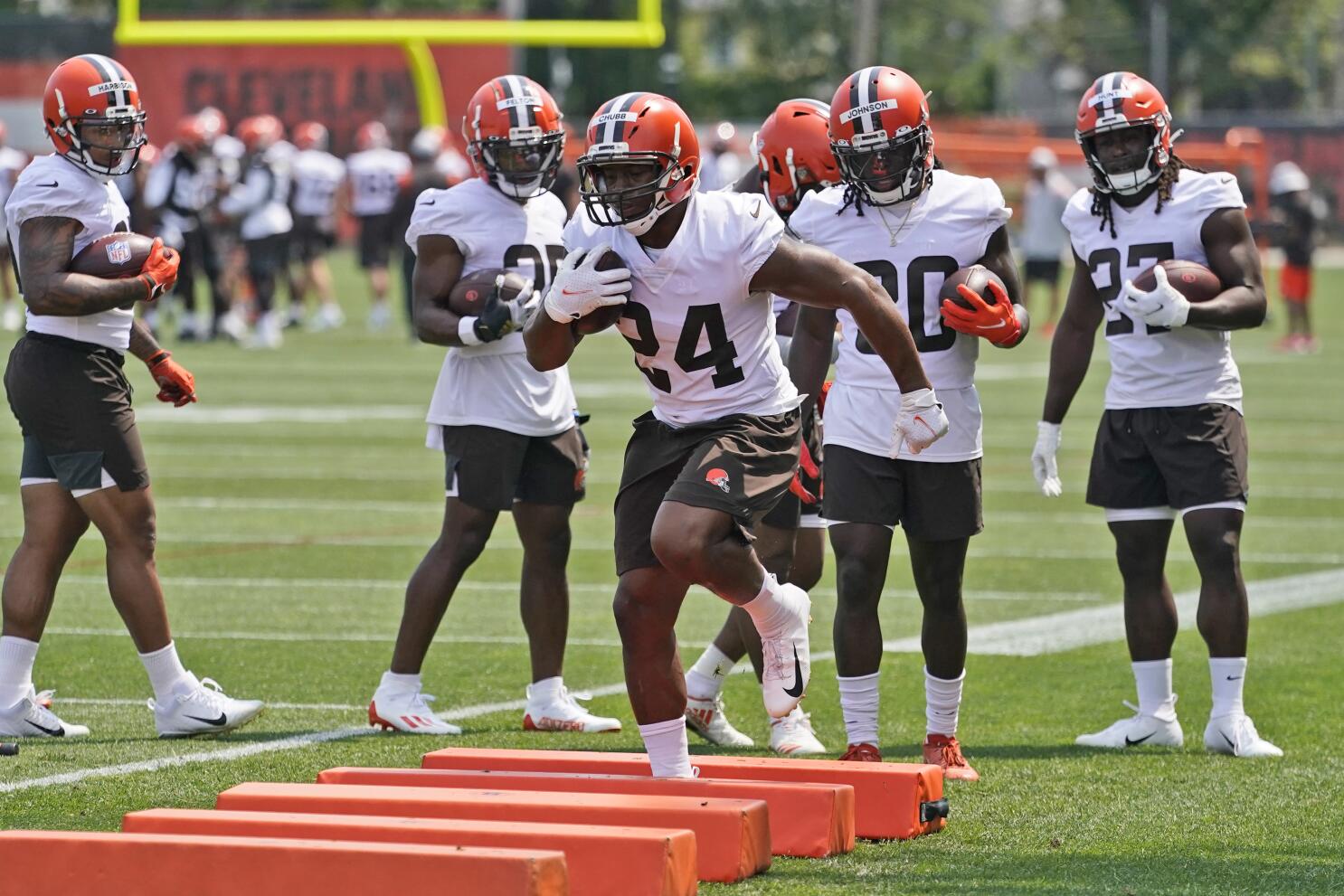 Cleveland Browns' Nick Chubb runs drills at their team's NFL