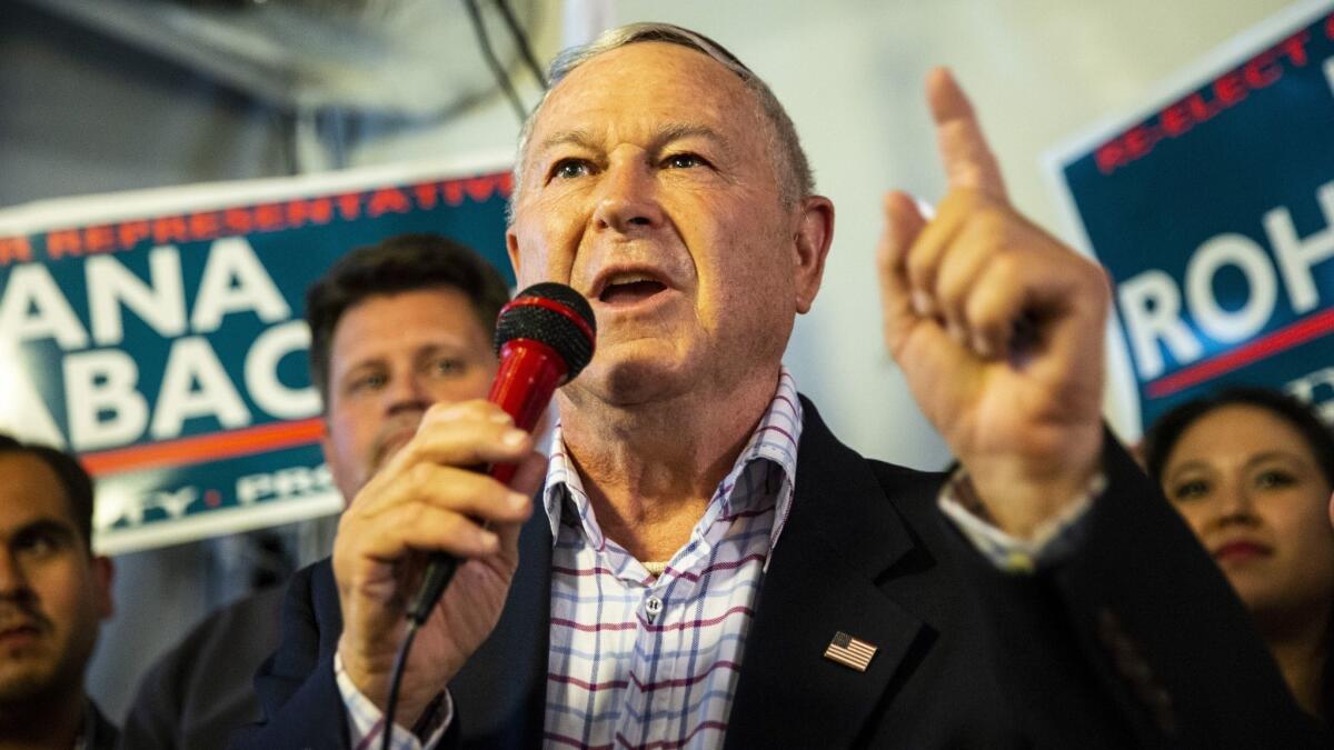 Rep. Dana Rohrabacher (R-Costa Mesa) addresses supporters at his election night party in Costa Mesa as results from Tuesday’s primary rolled in. Rohrabacher advanced to the general election in November.