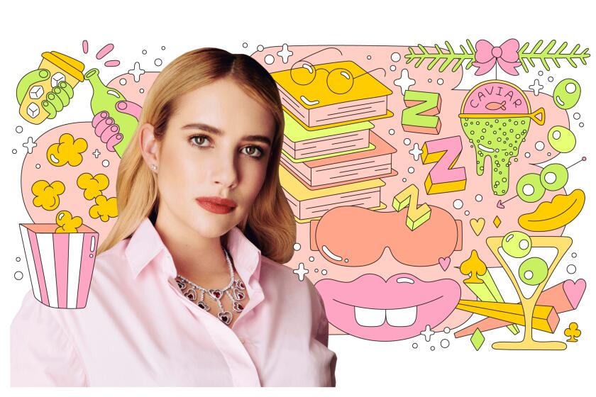 Photo illustration of actor Emma Roberts surrounded by illustrations like books, popcorn, martini and a Christmas ornament