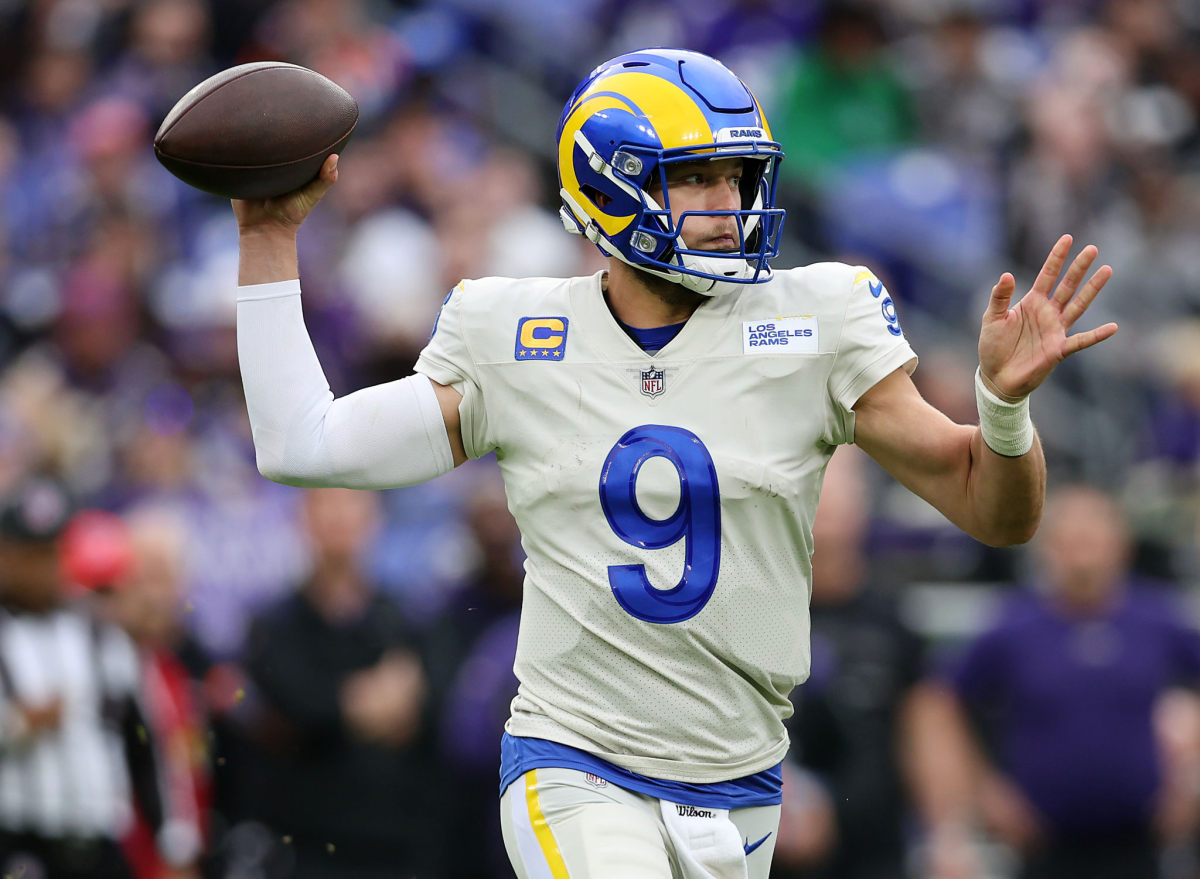 Rams quarterback Matthew Stafford passes during a 20-19 comeback win over the Baltimore Ravens on Sunday.