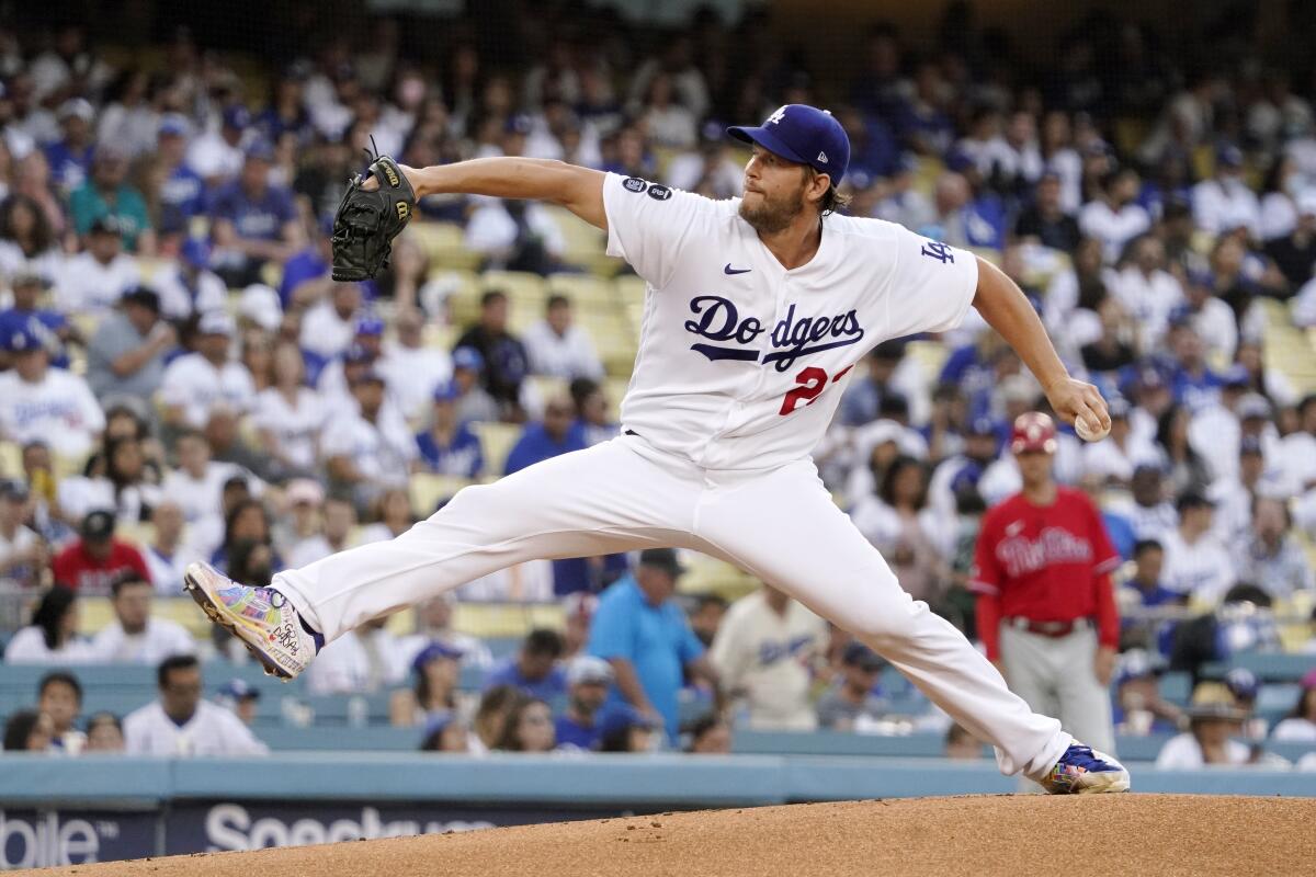 Dodgers starting pitcher Clayton Kershaw delivers during a 2-0 loss to the Philadelphia Phillies on Wednesday.