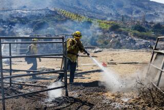 LAKE ELSINORE, CA - SEPTEMBER 12, 2024: Firefighters extinguish a flare up from the Airport fire at a horse corral on Robert Lucas's property off Ortega Highway on September 12, 2024 in Lake Elsinore, California. (Gina Ferazzi / Los Angeles Times)