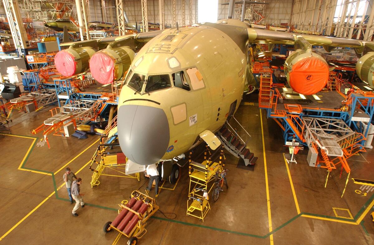 An Air Force C-17 in final assembly at Boeing in Long Beach.
