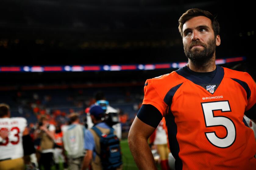 DENVER, CO - AUGUST 19: Quarterback Joe Flacco #5 of the Denver Broncos looks on following a 24-15 loss in a preseason game against the San Francisco 49ers at Broncos Stadium at Mile High on August 19, 2019 in Denver, Colorado. (Photo by Justin Edmonds/Getty Images)