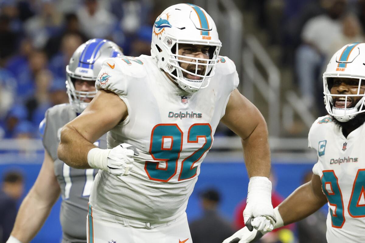 Miami Dolphins defensive tackle Zach Sieler celebrates after a sack.