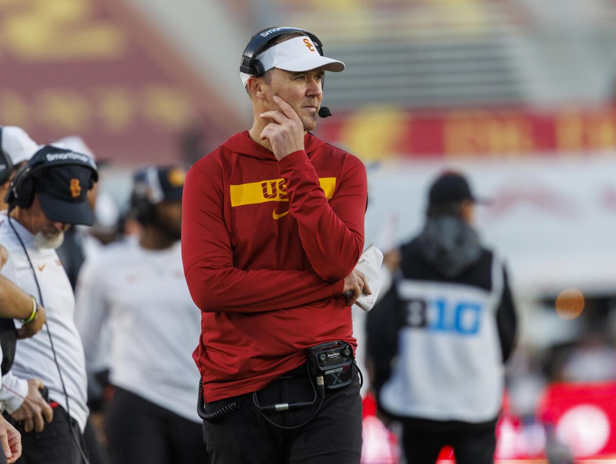 USC coach Lincoln Riley watches from the sideline during a win over Nebraska on Nov. 16 at the Coliseum.