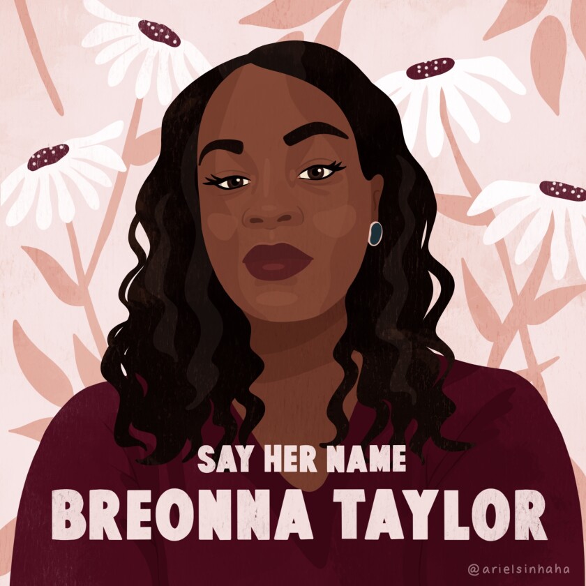 A piece of art features Breonna Taylor with the text 'Say Her Name'
