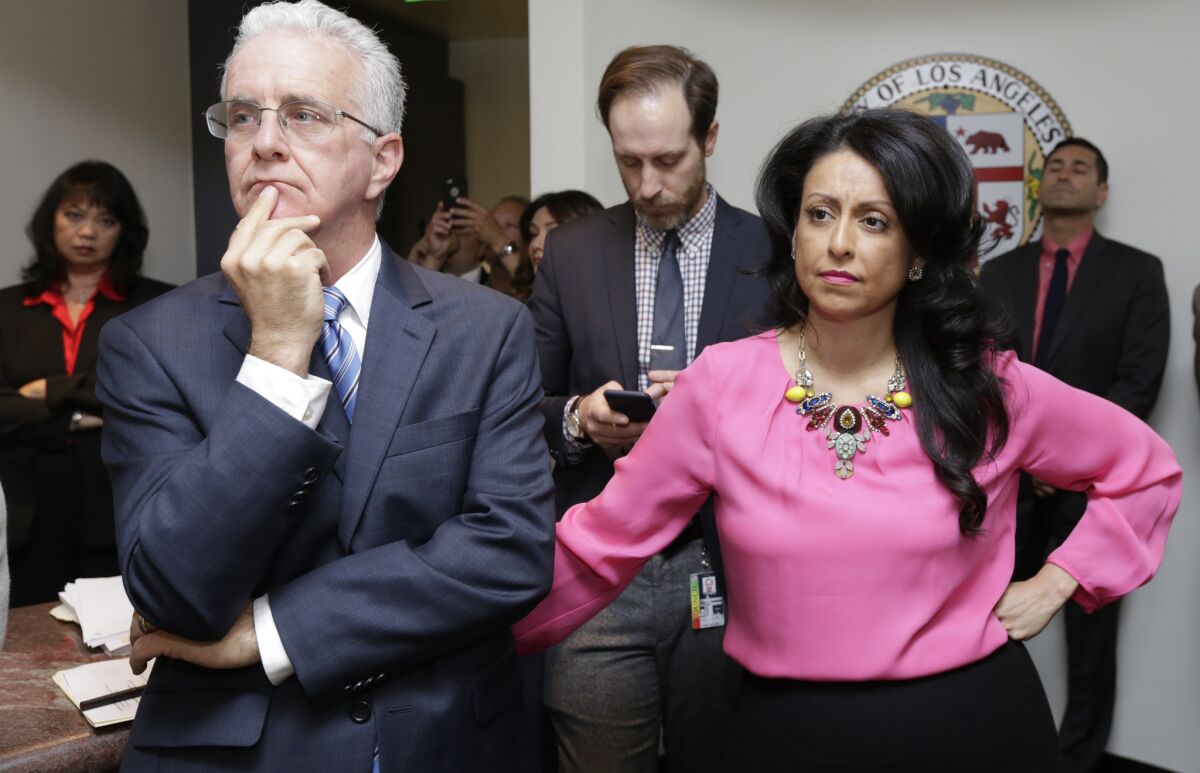 Los Angeles City Council members Paul Krekorian and Nury Martinez attend Thursday's news conference.