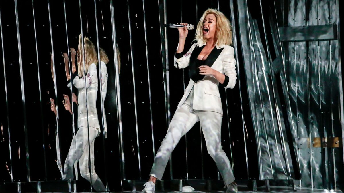 Singer Katy Perry performs at the Grammy Awards.