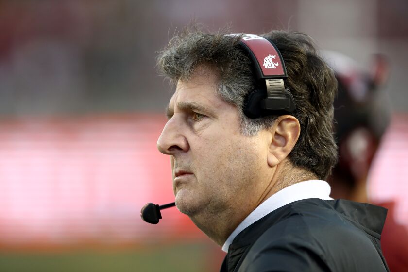 BERKELEY, CALIFORNIA - NOVEMBER 09: Head coach Mike Leach of the Washington State Cougars stands on the sidelines during their game against the California Golden Bears at California Memorial Stadium on November 09, 2019 in Berkeley, California. (Photo by Ezra Shaw/Getty Images)