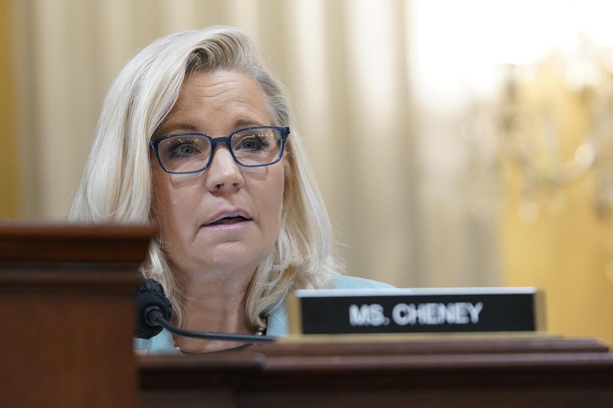 Liz Cheney speaking with her nameplate in the foreground 