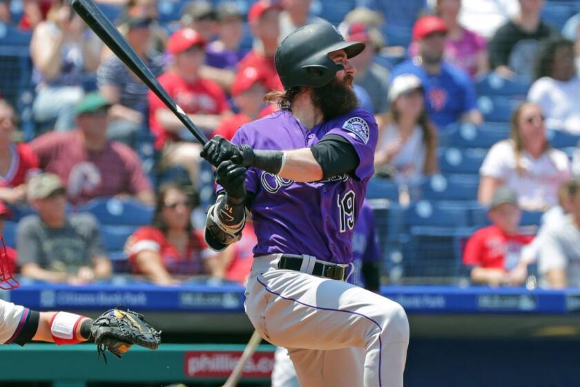 PHILADELPHIA, PA - MAY 19: Charlie Blackmon #19 of the Colorado Rockies hits a solo home run in the first inning during a game against the Philadelphia Phillies at Citizens Bank Park on May 19, 2019 in Philadelphia, Pennsylvania. (Photo by Hunter Martin/Getty Images) ** OUTS - ELSENT, FPG, CM - OUTS * NM, PH, VA if sourced by CT, LA or MoD **
