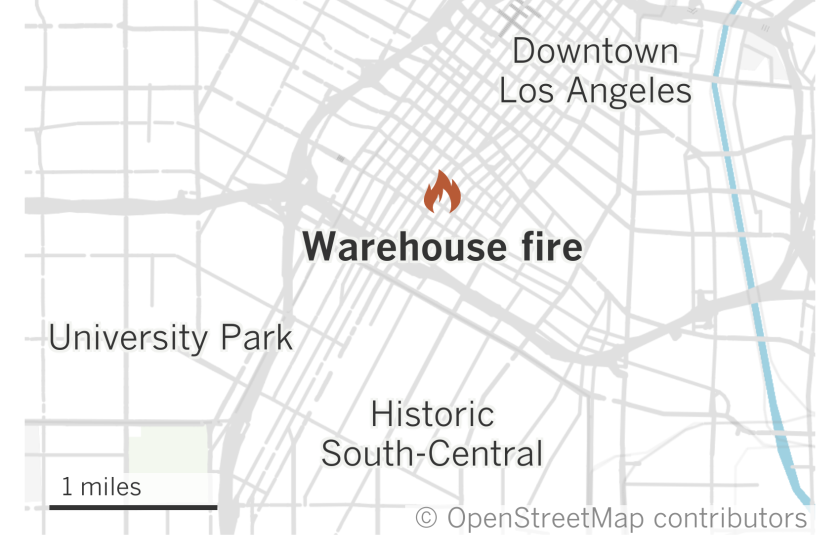 A map of Los Angeles showing the location of a warehouse fire downtown