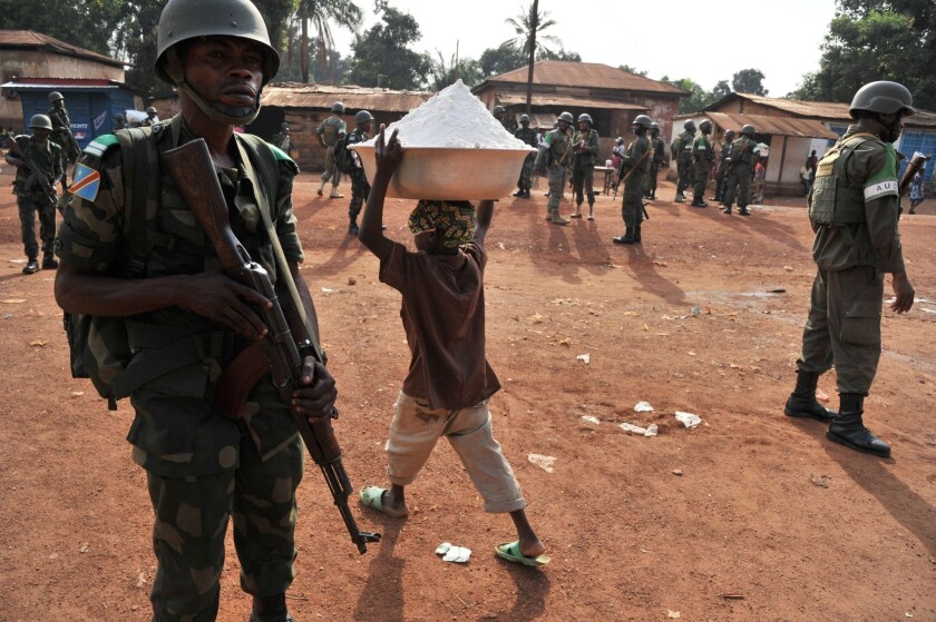Democratic Republic of Congo MISCA peacekeepers soldiers patrol in street in Bangui.