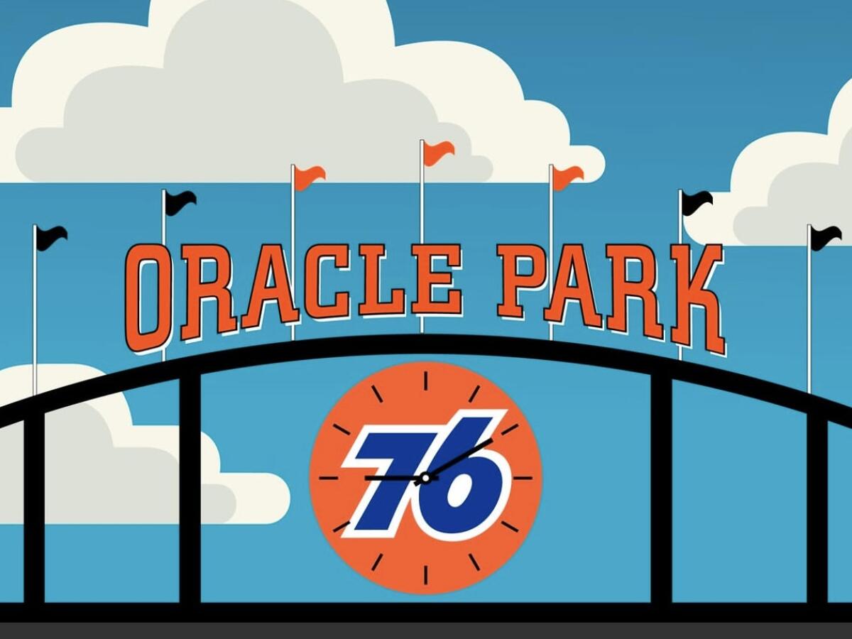 An image from 76's Instagram account shows a rendering of the gasoline brand's new ad at Oracle Park in San Francisco.