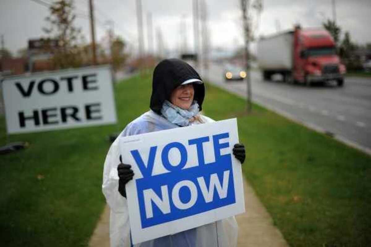 An Ohio Democratic Party volunteer braves the elements this week outside an early voting center in Columbus, Ohio.