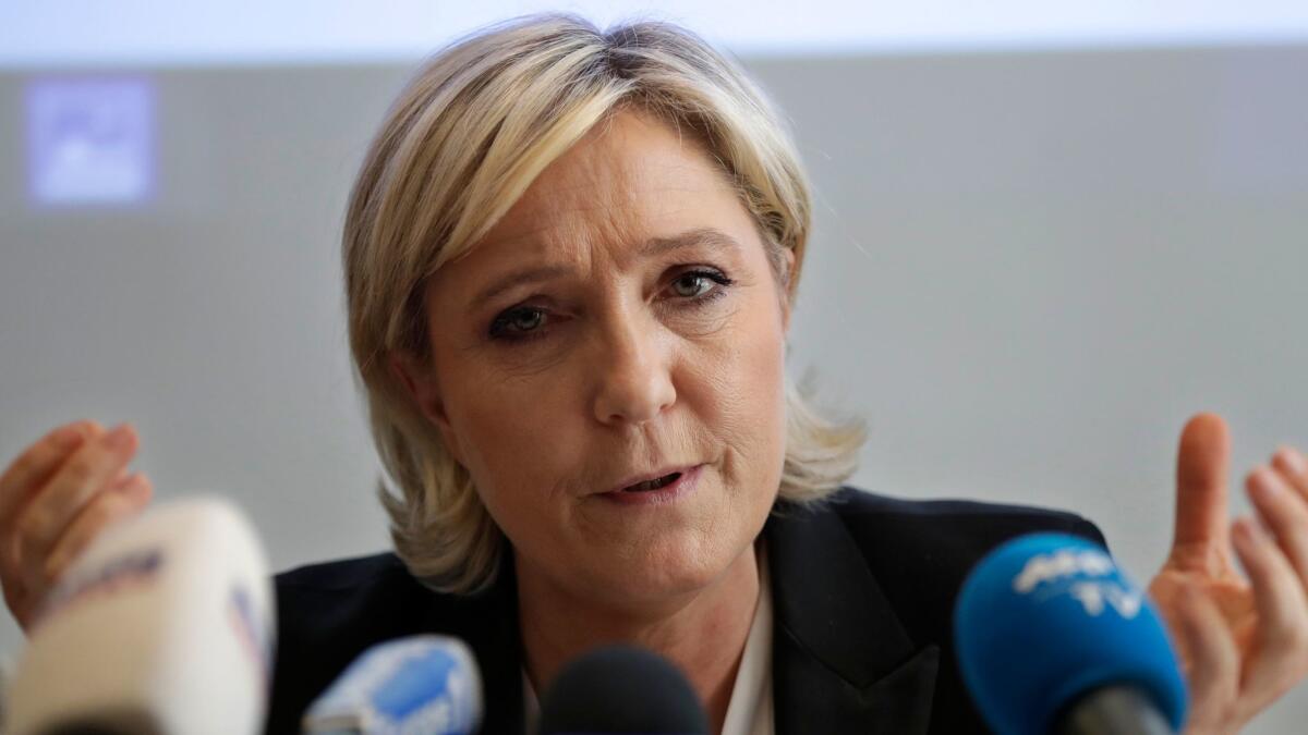 French far-right presidential candidate Marine Le Pen speaks during a news conference in Beirut on Feb. 21, 2017.