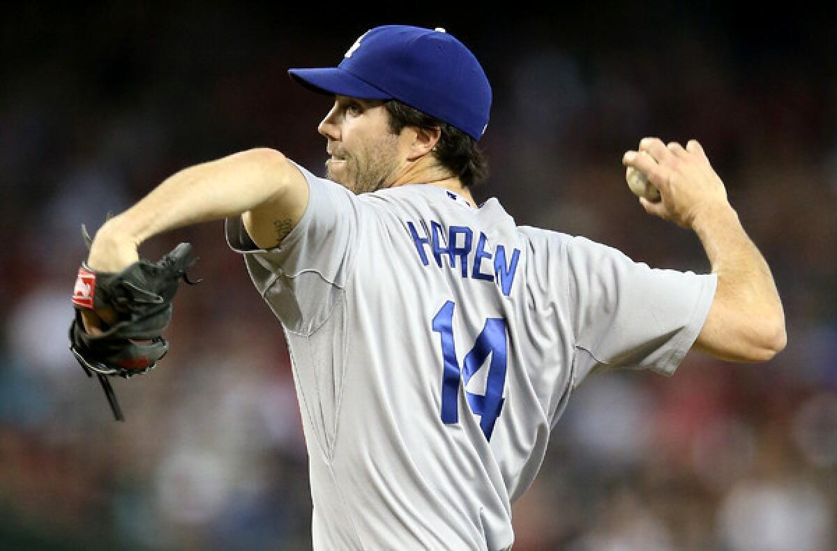 Dodgers starting pitcher Dan Haren only lasted 5 2/3 innings against the Diamondbacks on Sunday, giving up nine hits and three runs while throwing 110 pitches.