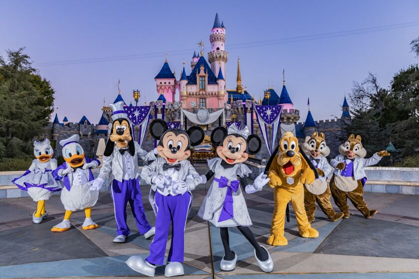 Mickey Mouse and friends at Disneyland Park kick off the Disney100 celebration on Jan. 27.