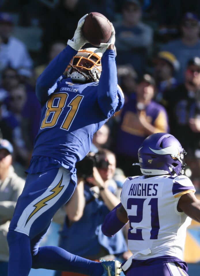 Chargers wide receiver Mike Williams catches a pass over Minnesota Vikings cornerback Mike Hughes.