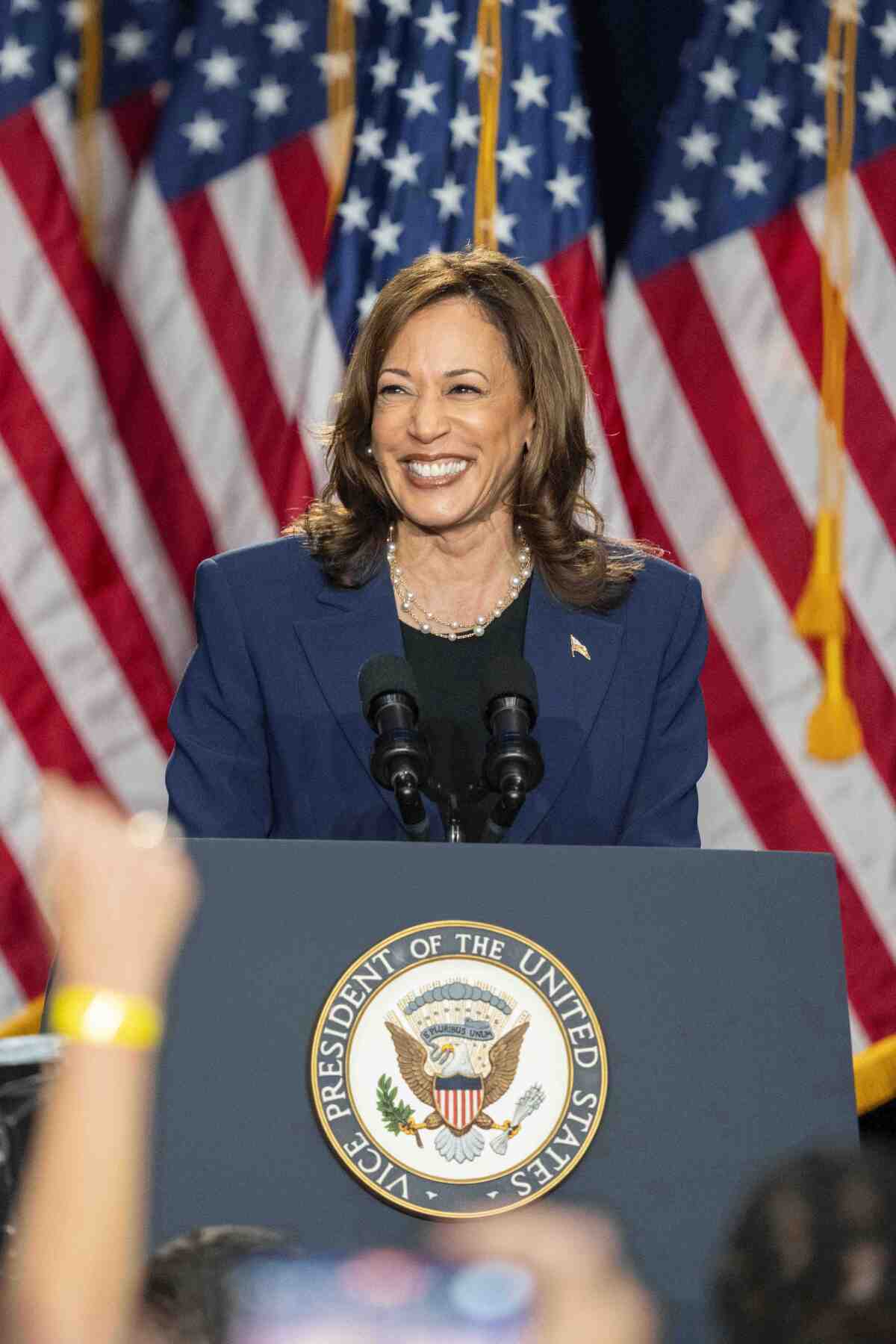 Vice President Kamala Harris stands, smiling, at a dais with American flags in the background. 